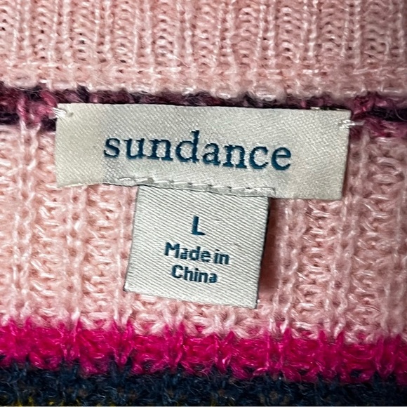 Sundance | Pink Green Striped Wool Blend V-Neck Sweater, Large - Picture 8 of 9
